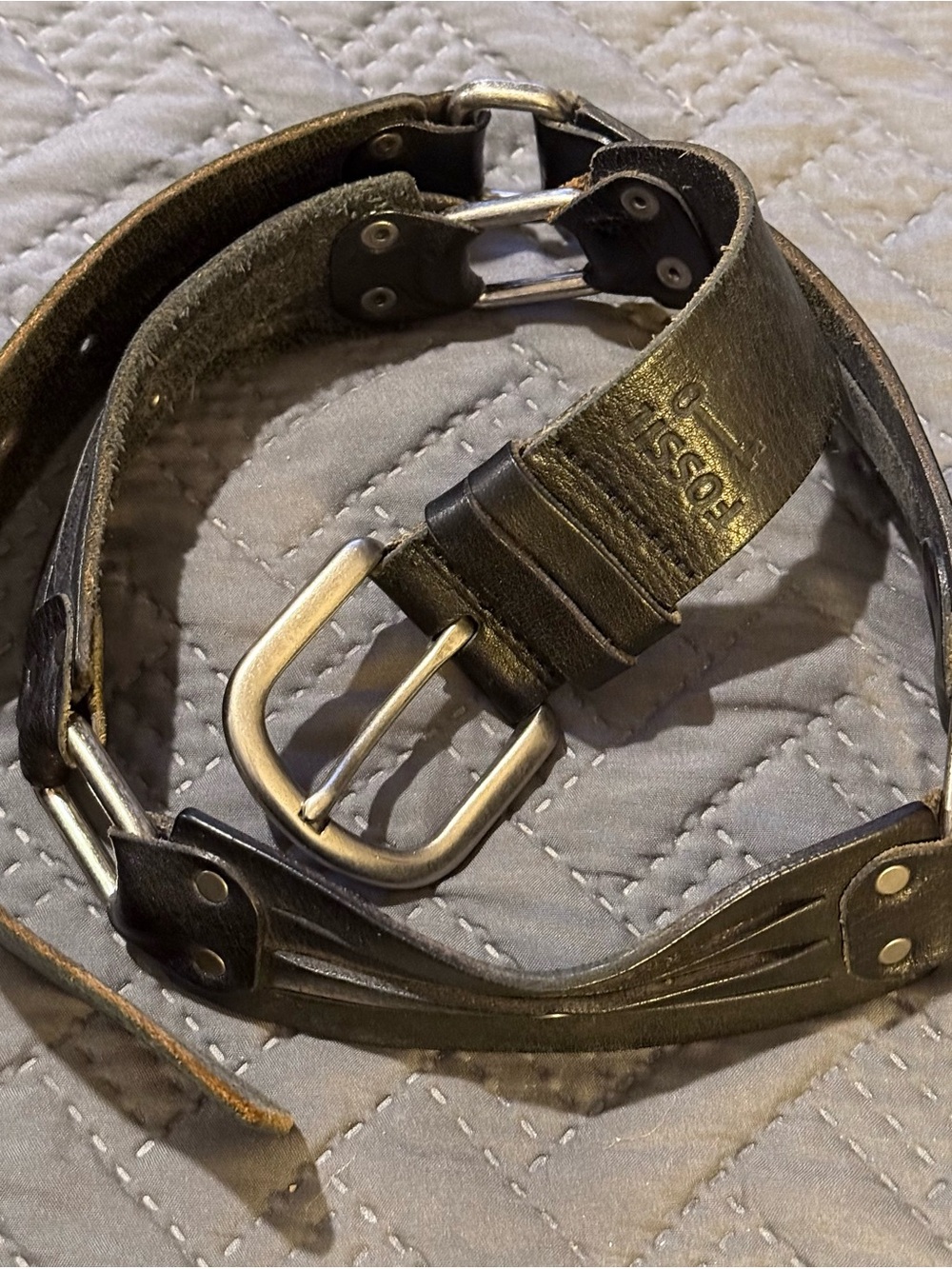 Vintage FOSSIL Black/Brown Leather Panel Link Belt (Style BT3097001)